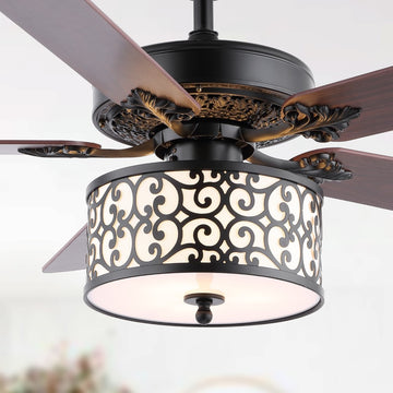 Paolo 52" Farmhouse Industrial Iron Scroll Drum Shade LED Ceiling Fan With Remote - JONATHAN Y